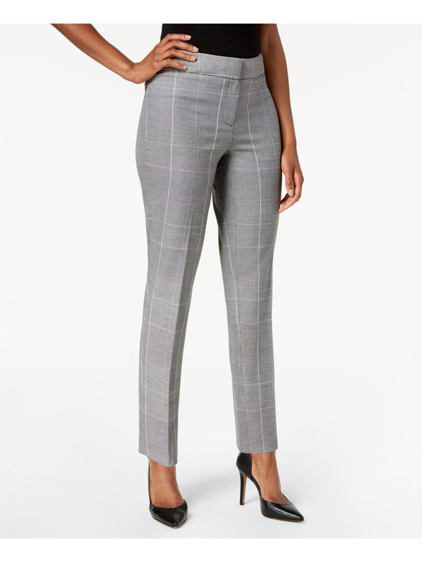 NINE WEST Womens Black Flat Front Plaid Wear To Work Straight leg Pants 16