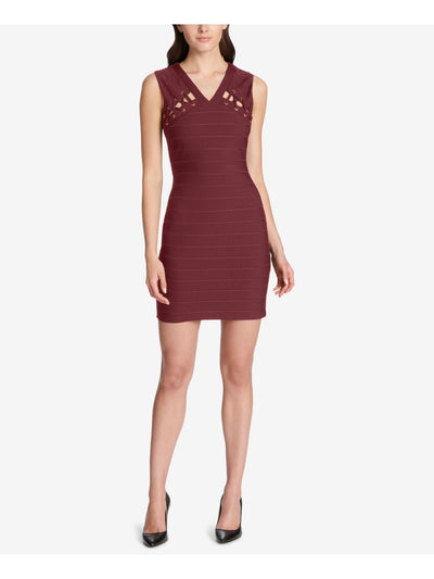 GUESS Womens Burgundy Zippered Textured Lace Up V Neck Knee Length Sheath Dress 14