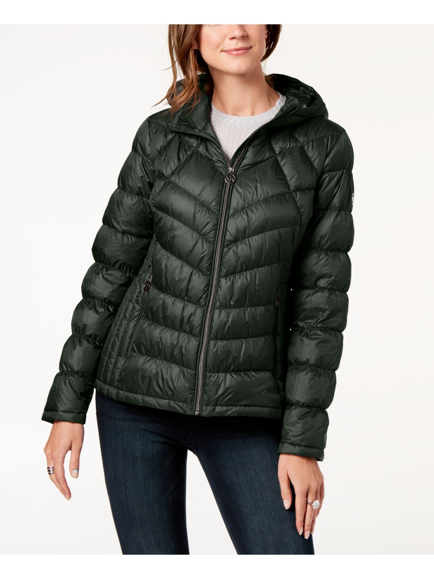 MICHAEL KORS Womens Black Zippered Pocketed Packable Down Puffer Hooded Winter Jacket Coat Petites PXS