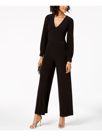 ADRIANNA PAPELL Womens Black Zippered Long Sleeve V Neck Evening Wide Leg Jumpsuit 10