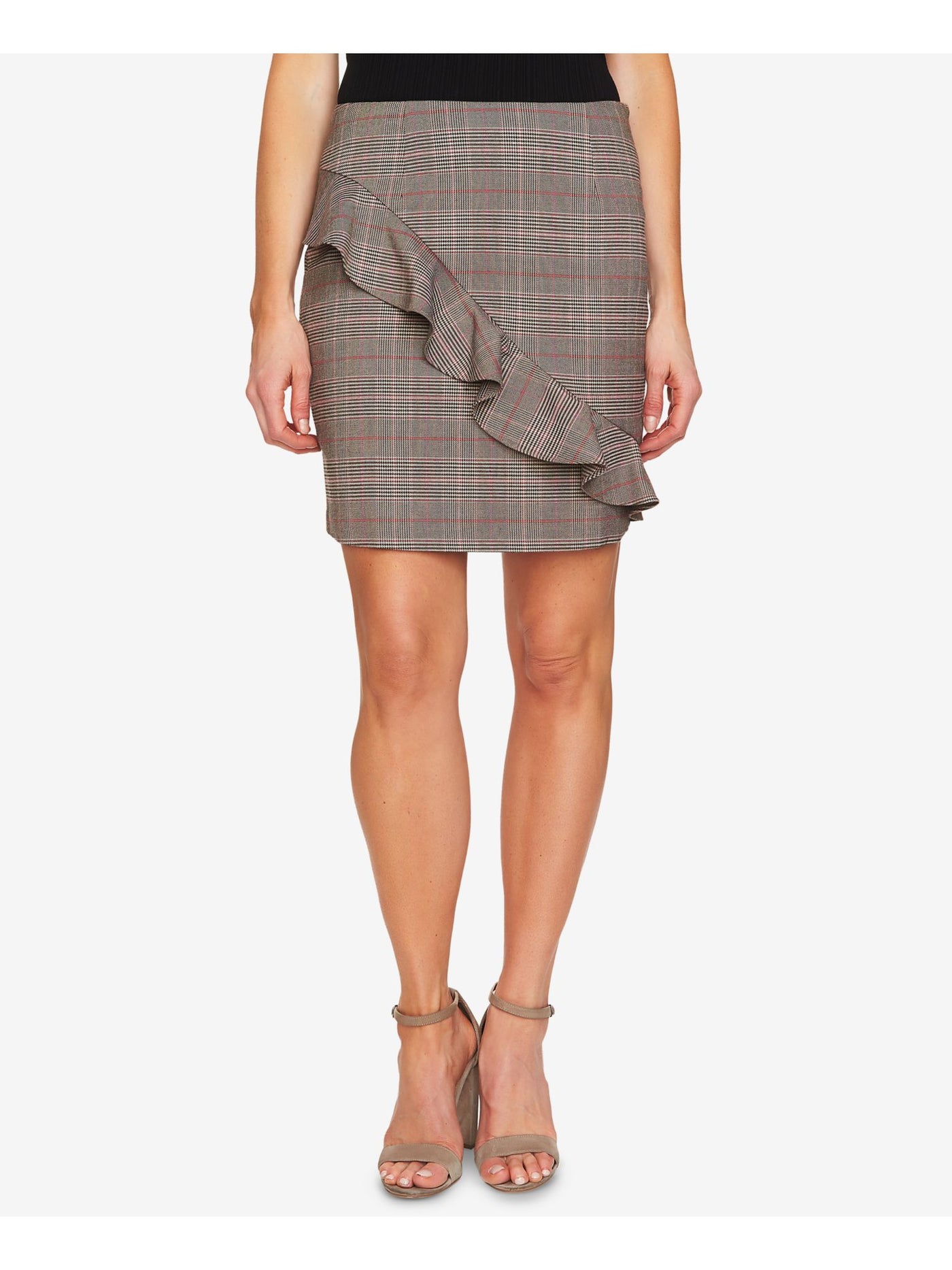 CECE Womens Black Ruffled Glen Plaid Above The Knee Wear To Work Skirt 4