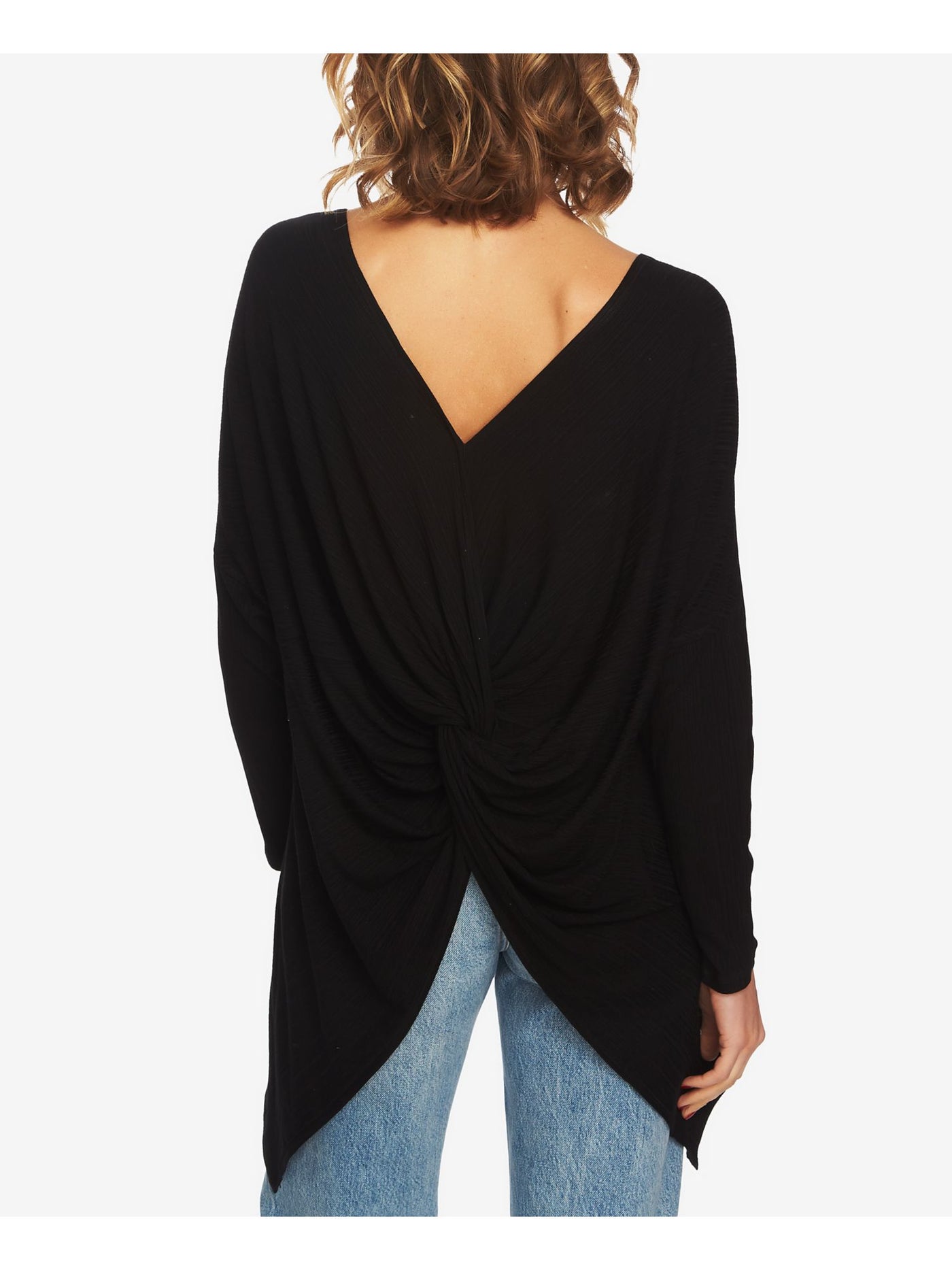 1. STATE Womens Black Stretch Textured Twist-back Long Sleeve Scoop Neck Top M