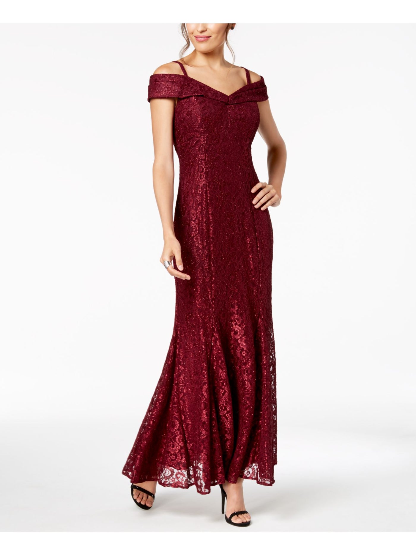 R&M RICHARDS Womens Maroon Stretch Glitter Zippered Lined Padded Bust Cap Sleeve Off Shoulder Full-Length Evening Gown Dress 14