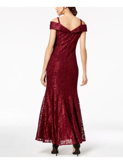 R&M RICHARDS Womens Maroon Stretch Glitter Zippered Lined Padded Bust Cap Sleeve Off Shoulder Full-Length Evening Gown Dress 14