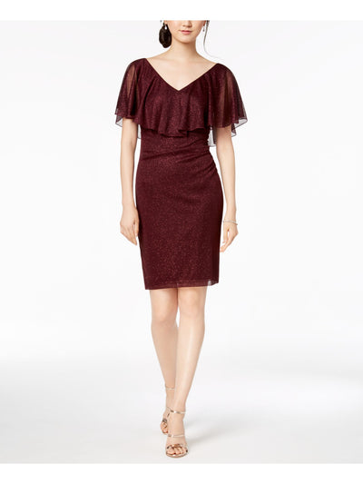 CONNECTED APPAREL Womens Burgundy Short Sleeve V Neck Above The Knee Party Sheath Dress Petites 4P