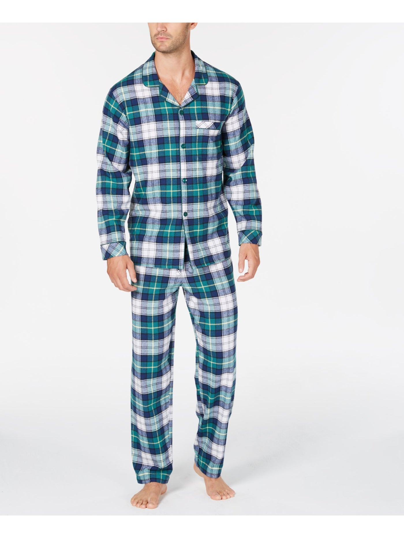FAMILY PJs Mens Green Plaid Drawstring Long Sleeve Button Up Top Straight leg Pants Pajamas XL