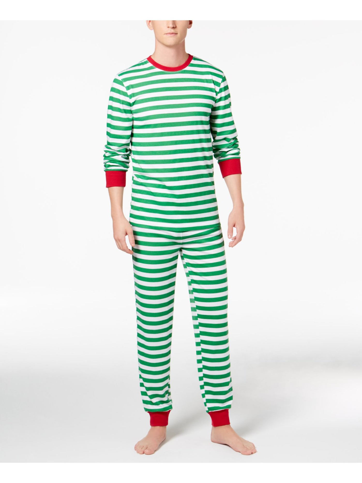 FAMILY PJs Mens Green Striped Drawstring Long Sleeve T-Shirt Top Cuffed Pants Pajamas M