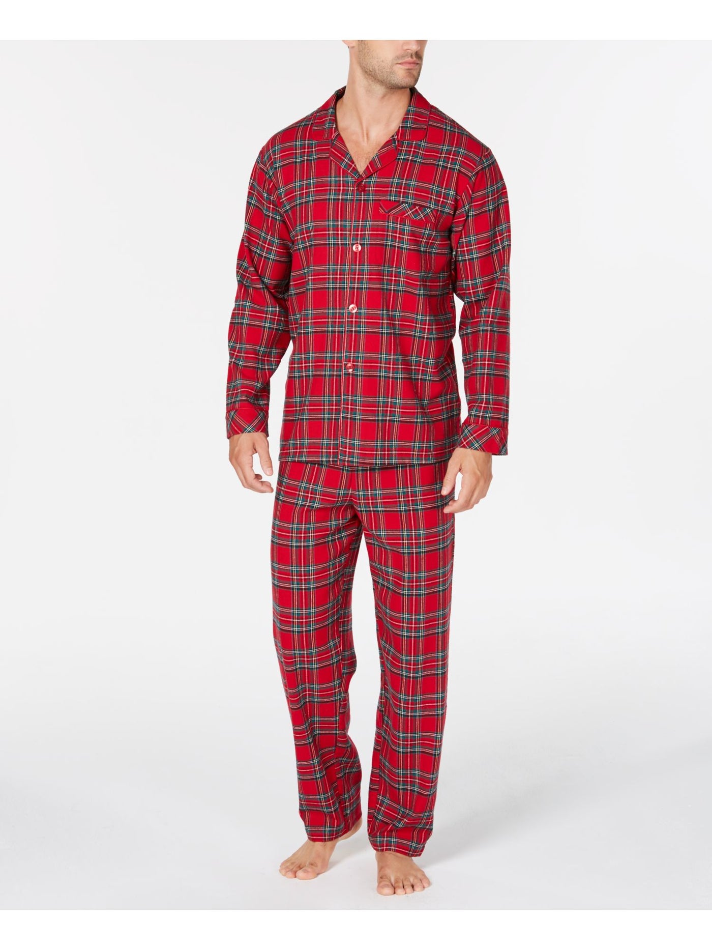 FAMILY PJs Mens Red Plaid Elastic Band Long Sleeve Button Up Top Straight leg Pants Pajamas M