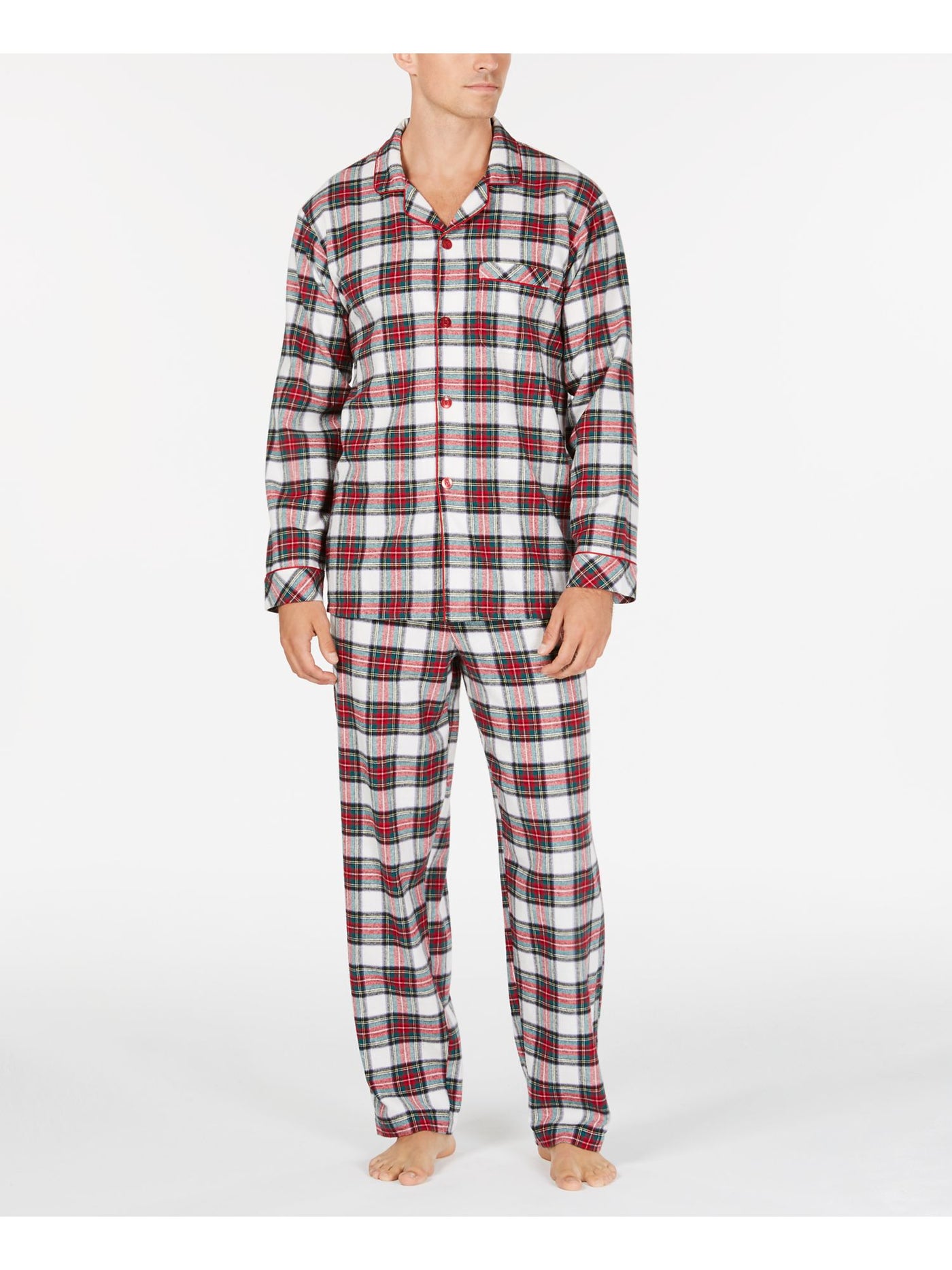FAMILY PJs Mens White Plaid Pocketed Long Sleeve Button Up Top Straight leg Pants Pajamas M