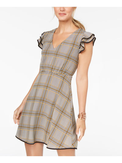 19 COOPER Womens Gray Printed Short Sleeve V Neck Mini Fit + Flare Dress S