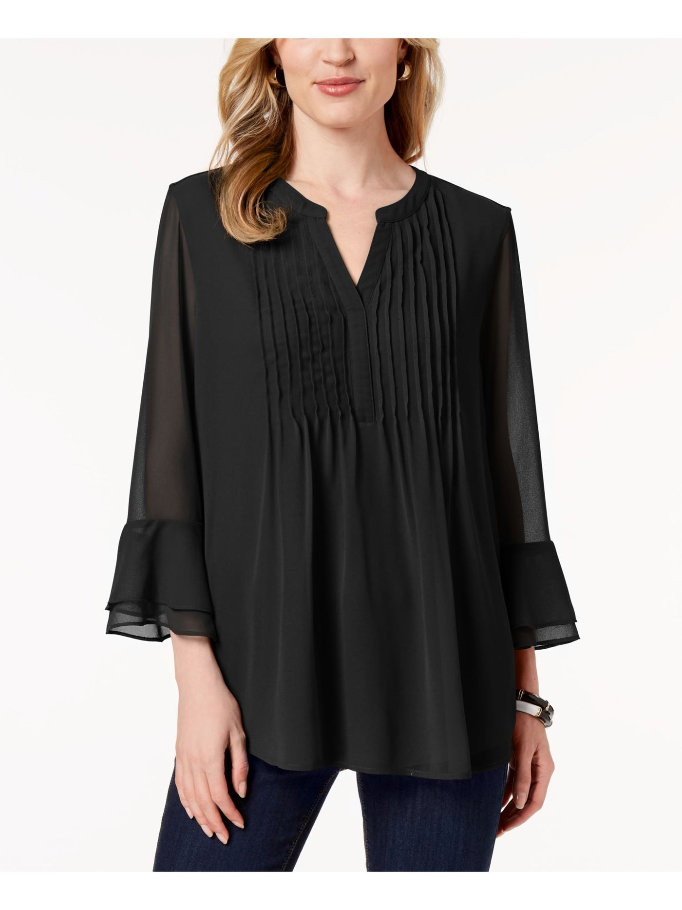 CHARTER CLUB Womens Black Ruffled Textured Relaxed Fit; Pintucks, Lined 3/4 Sleeve Split Wear To Work Blouse XS