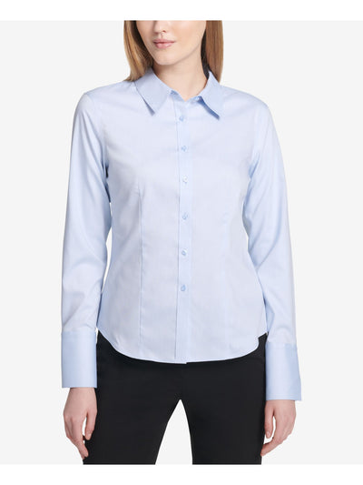 CALVIN KLEIN Womens Light Blue Cuffed Sleeve Collared Button Up Top Petites 12P