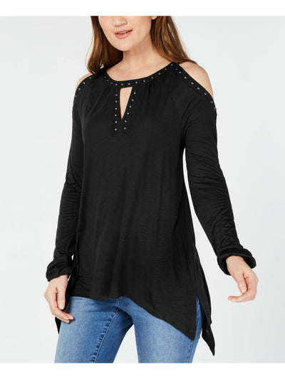 INC Womens Black Embellished Cold Shoulder Long Sleeve Keyhole Evening Handkerchief Top XS