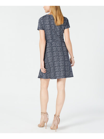 MAISON JULES Womens Black Printed Short Sleeve Jewel Neck Mini Wear To Work Fit + Flare Dress XXS