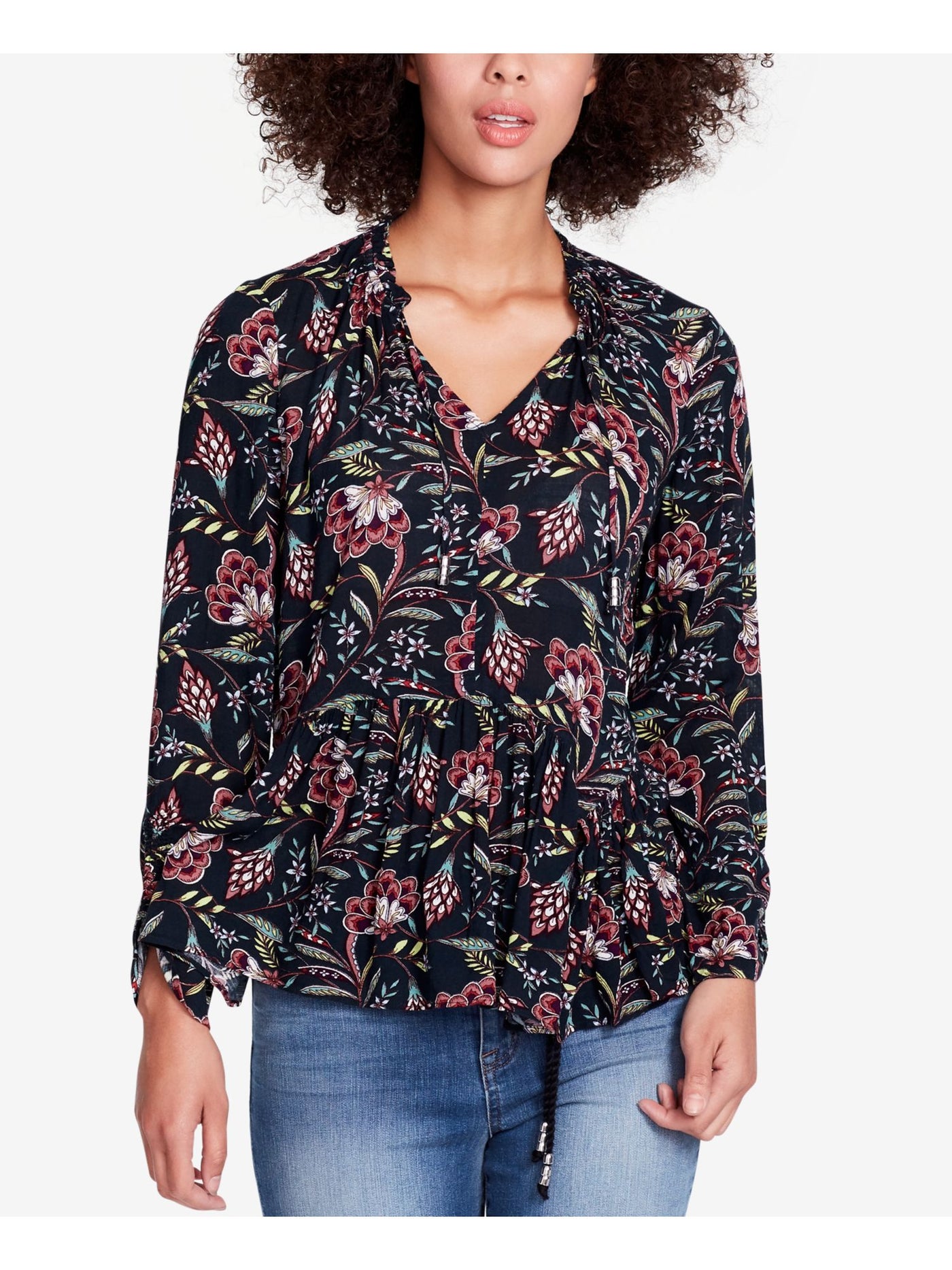 WILLIAM RAST Womens Black Printed  Matilda Asymmetrical Long Sleeve V Neck Top XS