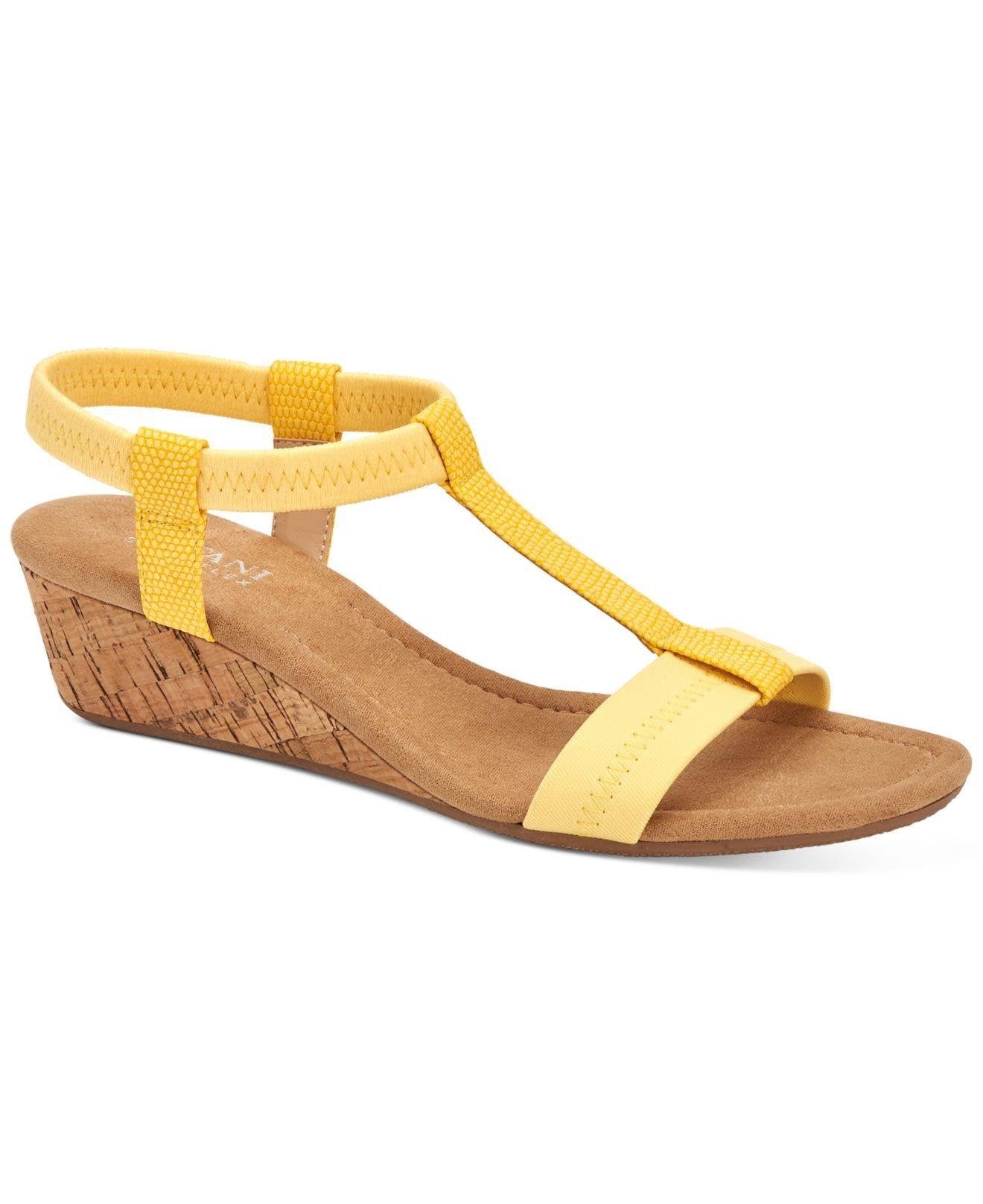 ALFANI Womens Yellow Cork-Like Elastic Ankle Strap Cushioned Voyage Round Toe Wedge Slip On Dress Sandals Shoes 12 M