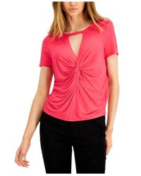 BAR III Womens Pink Cut Out Twist-detail Short Sleeve Keyhole Top S