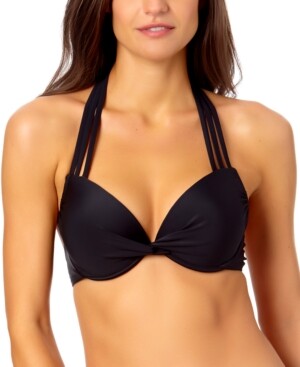 California Waves Women's Black Stretch Push-Up Tie Fixed Cups Sweetheart Strappy Halter Swimsuit Top XS