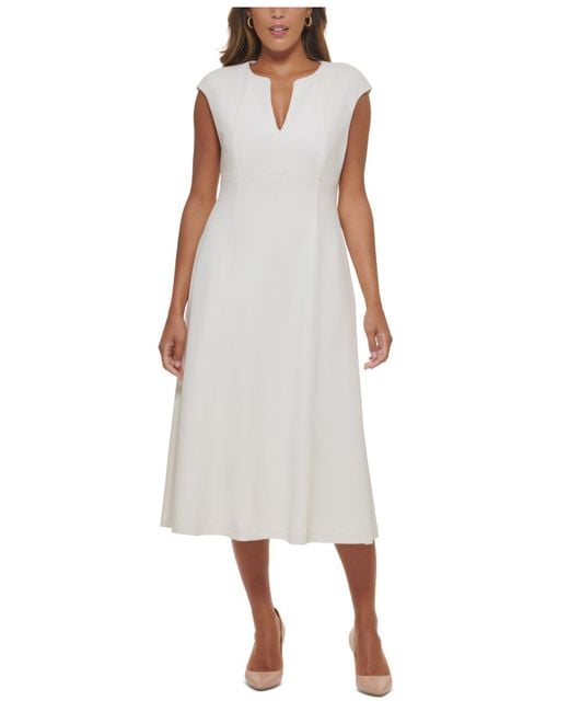 CALVIN KLEIN Womens White Zippered Lined Cap Sleeve Split Midi Wear To Work Fit + Flare Dress 4