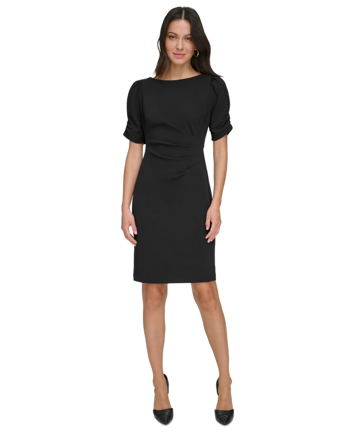 DKNY Womens Black Pleated Zippered Ruched Short Sleeves Boat Neck Above The Knee Wear To Work Sheath Dress 4