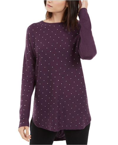 INC Womens Purple Embellished Long Sleeve Jewel Neck Hi-Lo Sweater S