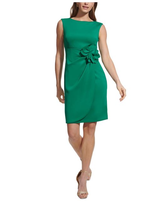 JESSICA HOWARD Womens Green Zippered Ruched Rose Detail Crossover Skirt Sleeveless Boat Neck Above The Knee Party Sheath Dress 8