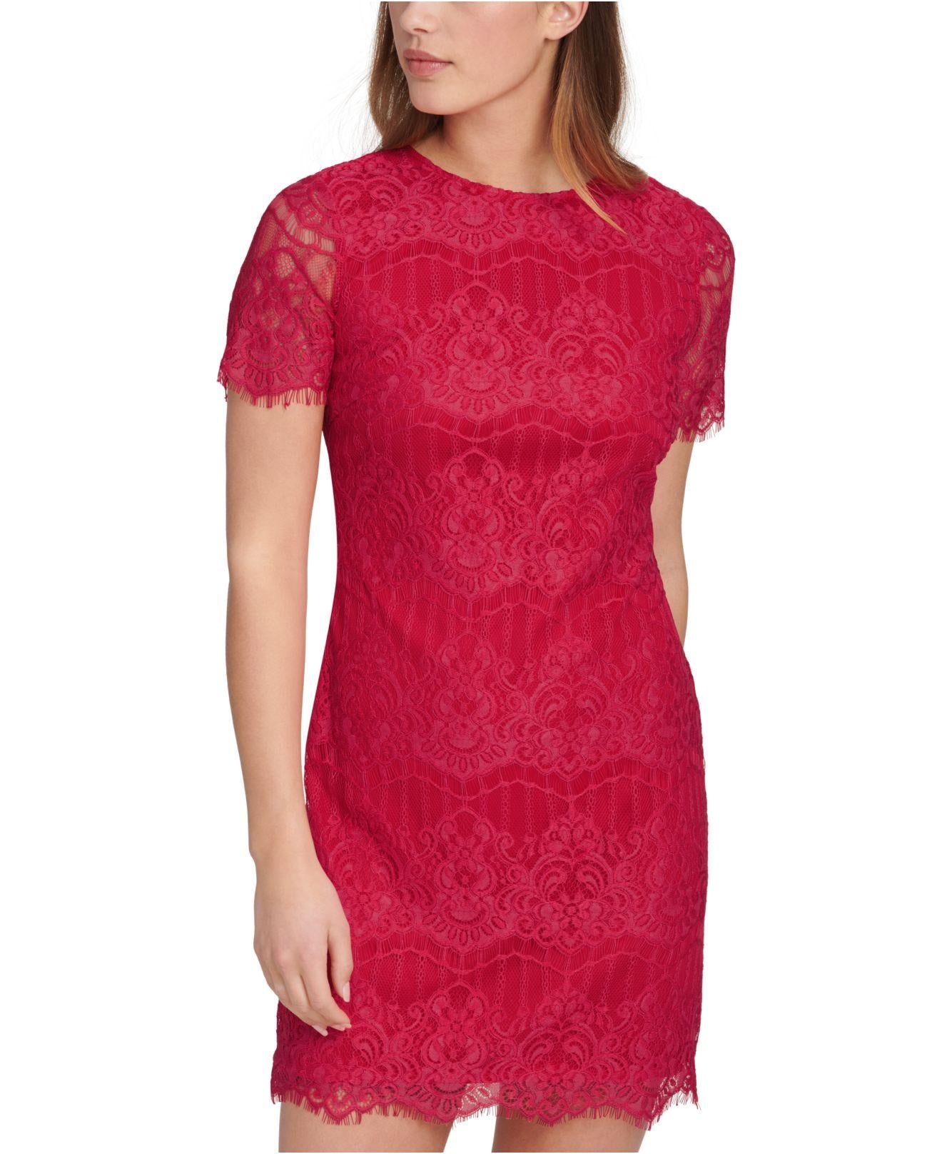KENSIE DRESSES Womens Pink Stretch Zippered Lace Scalloped Short Sleeve Crew Neck Short Party Sheath Dress 2