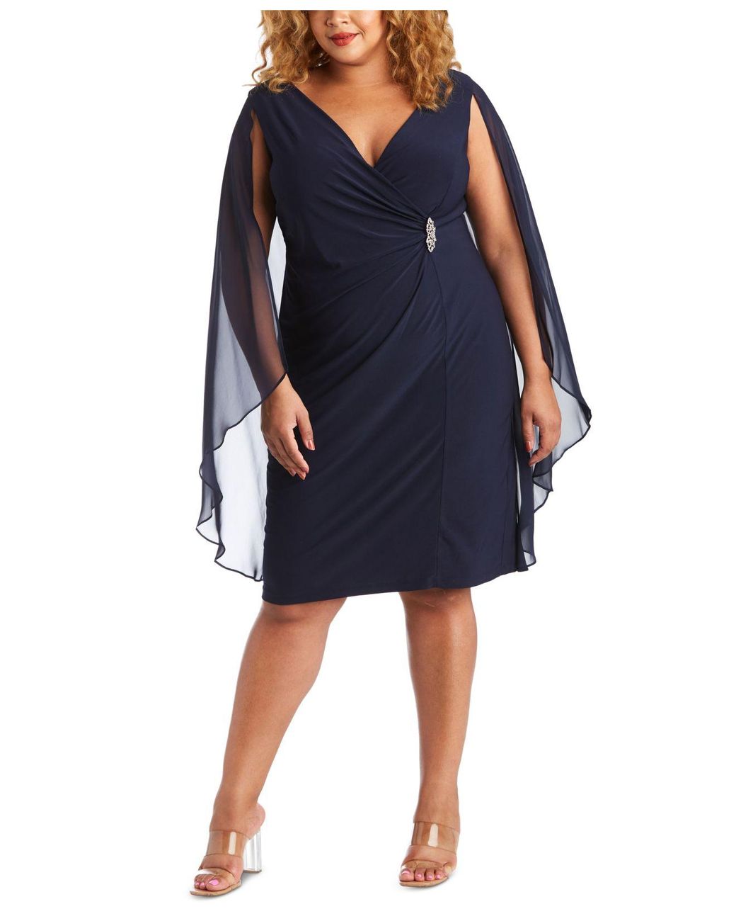 R&M RICHARDS Womens Navy Stretch Zippered Embellished Attached Cape Surplice Neckline Knee Length Evening Sheath Dress Plus 22W