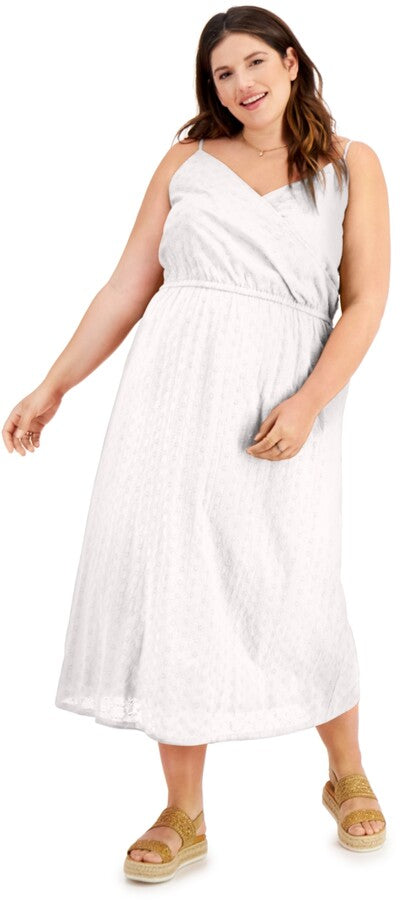 STYLE & COMPANY Womens White Eyelet Pull-over Lined Spaghetti Strap Surplice Neckline Midi Fit + Flare Dress Plus 1X