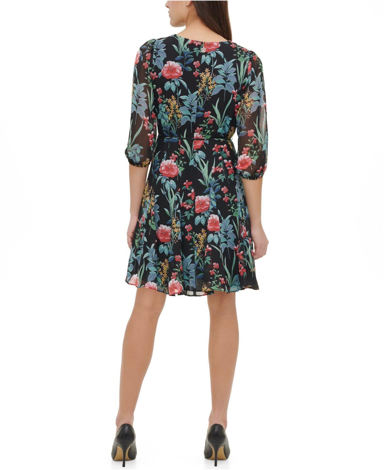 TOMMY HILFIGER Womens Black Ruffled Tie Floral 3/4 Sleeve Crew Neck Short Cocktail Fit + Flare Dress 2