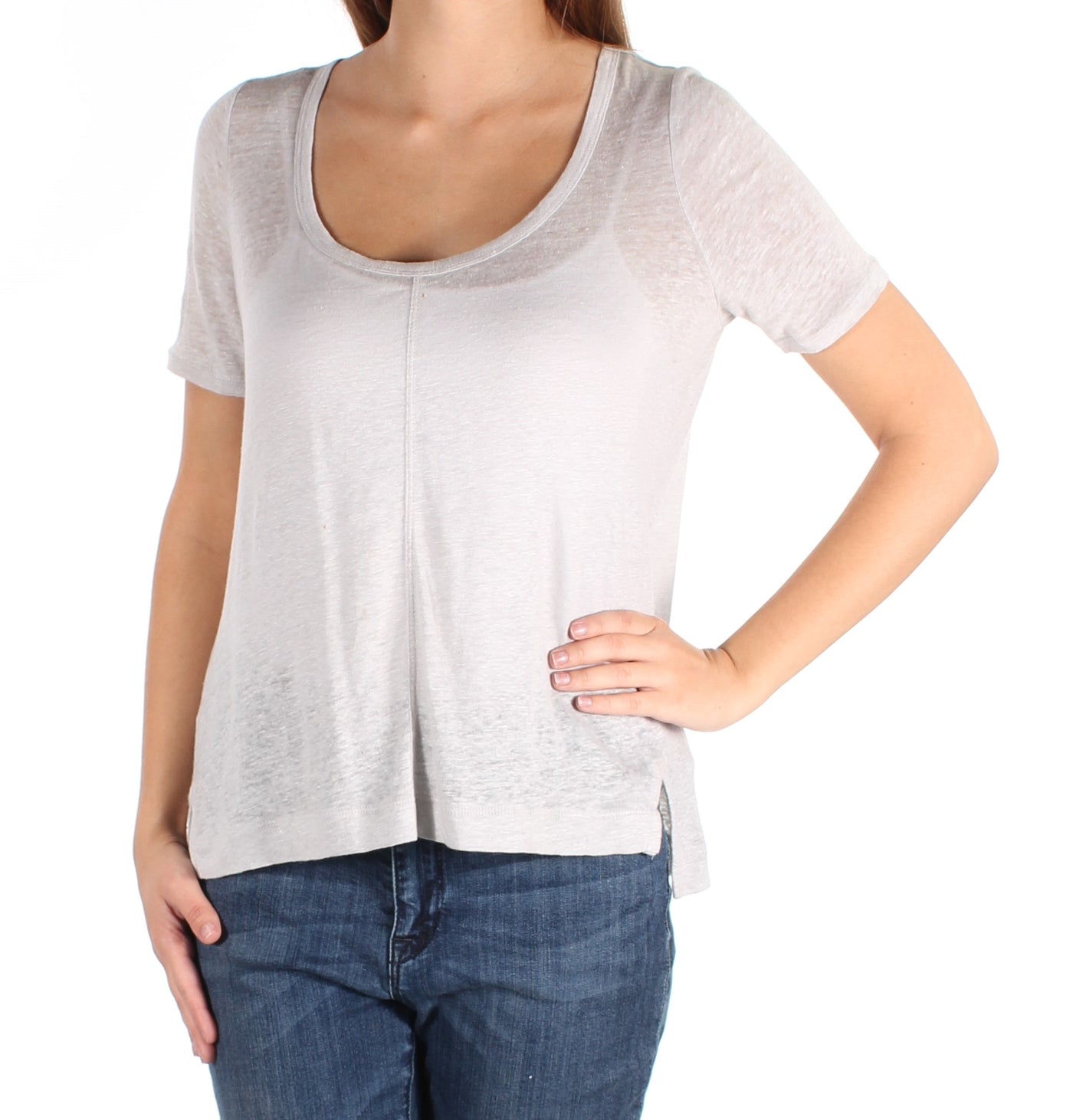 VINCE CAMUTO Womens Gray Sheer Short Sleeve Scoop Neck T-Shirt