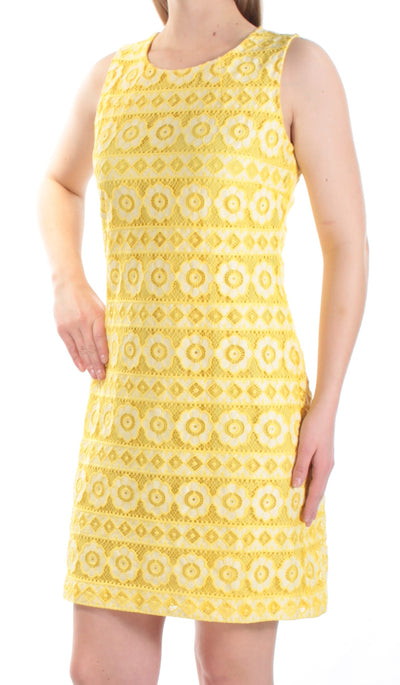 TOMMY HILFIGER Womens Yellow Eyelet Floral Sleeveless Jewel Neck Above The Knee Dress