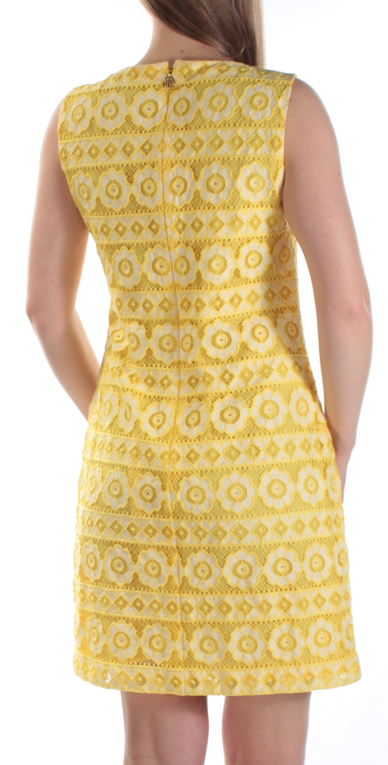 TOMMY HILFIGER Womens Yellow Eyelet Floral Sleeveless Jewel Neck Above The Knee Dress