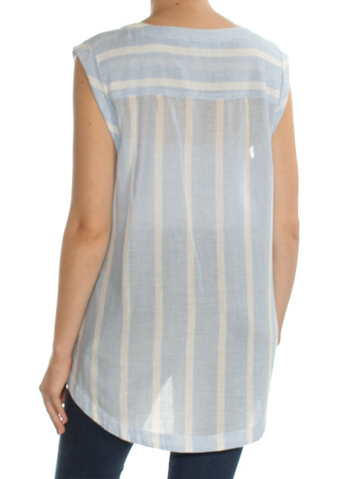 VINCE CAMUTO Womens Blue Striped Sleeveless Jewel Neck Top
