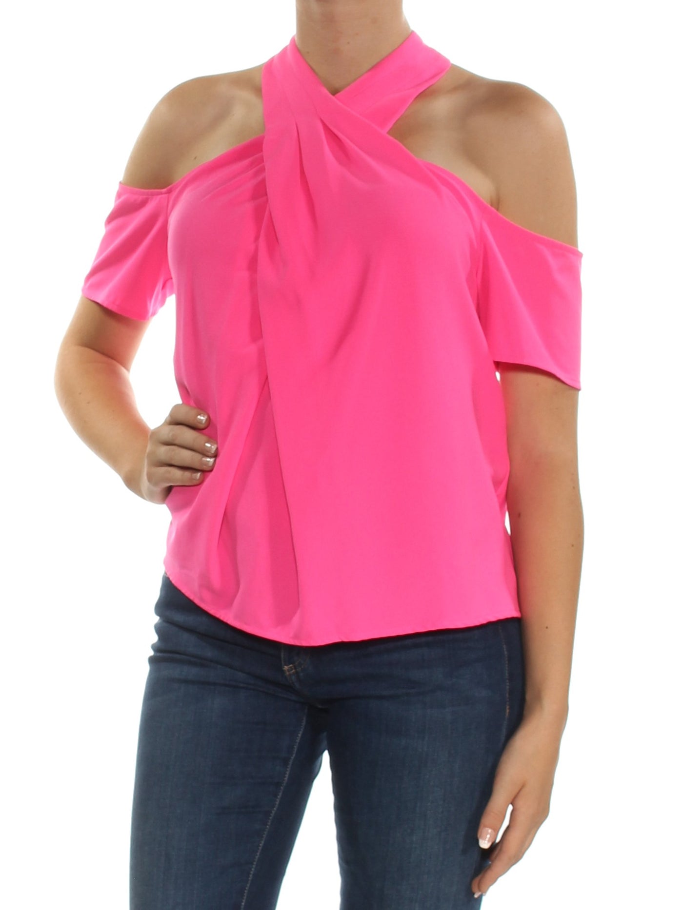 RACHEL ROY Womens Pink Cold Shoulder Short Sleeve Grecian Neckline Top
