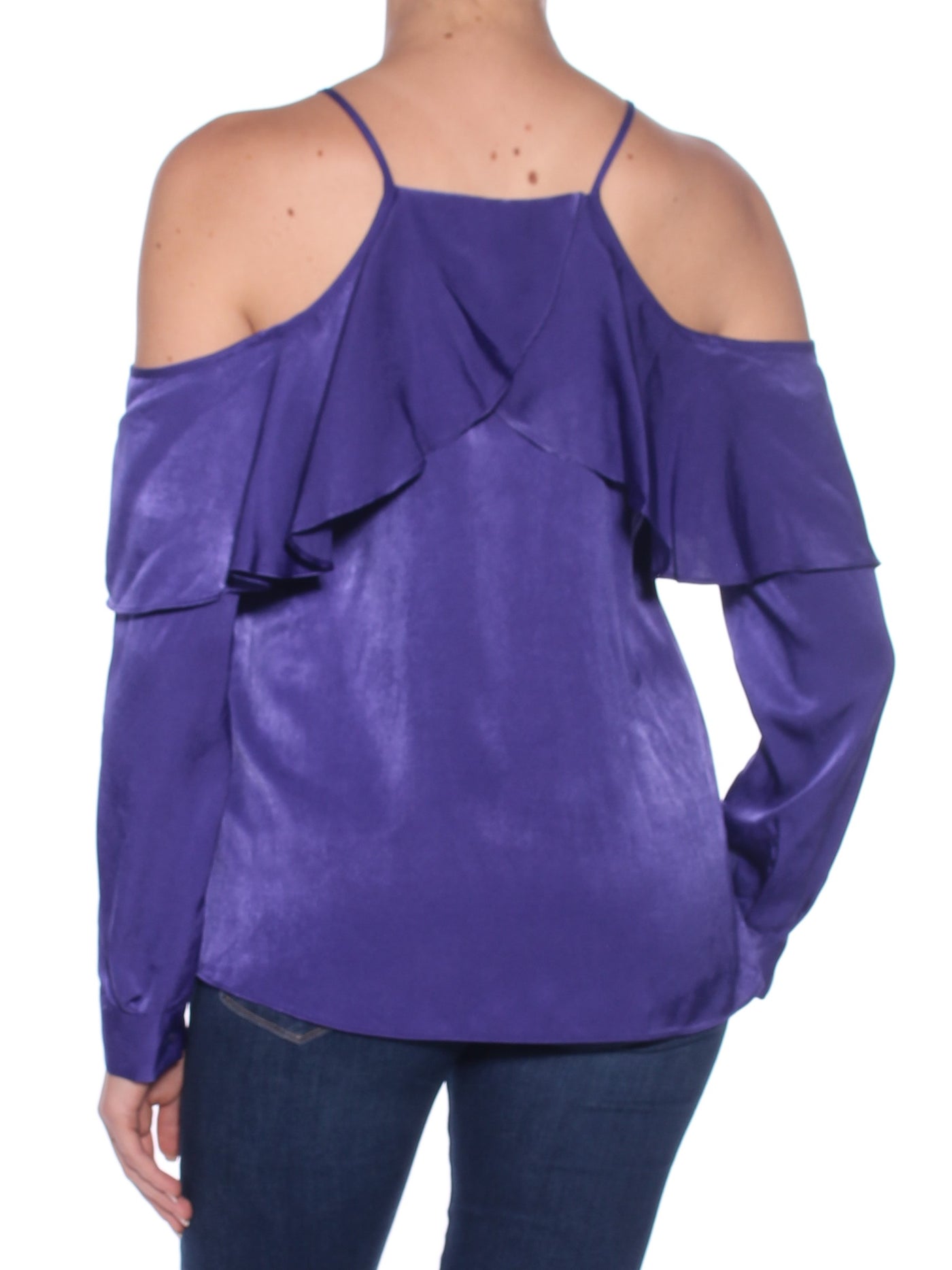 BAR III Womens Purple Cold Shoulder Ruffled Long Sleeve Halter Top