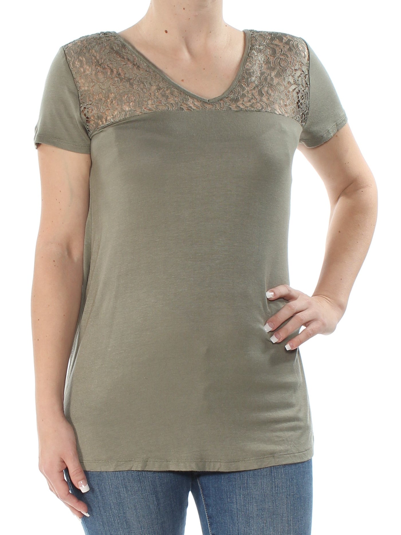 VINCE CAMUTO Womens Green Lace Floral Short Sleeve V Neck Top