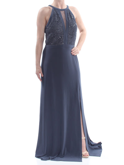 NIGHTWAY Womens Navy Sequined Lace Gown Halter Full-Length Evening Dress