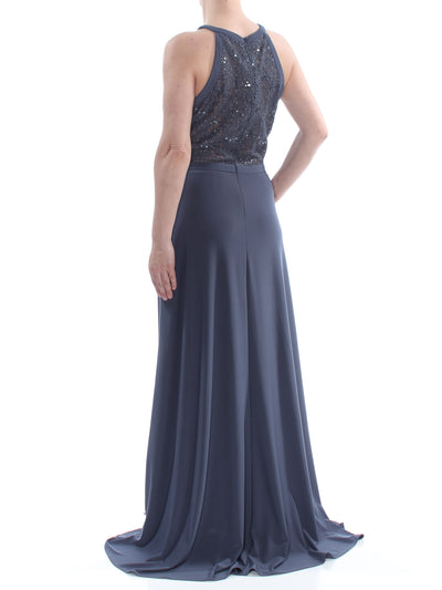 NIGHTWAY Womens Navy Sequined Lace Gown Halter Full-Length Evening Dress