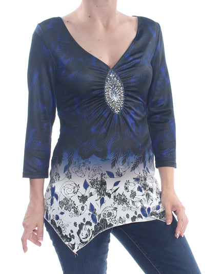 VINCE CAMUTO Womens Blue Ruched Printed 3/4 Sleeve V Neck Top