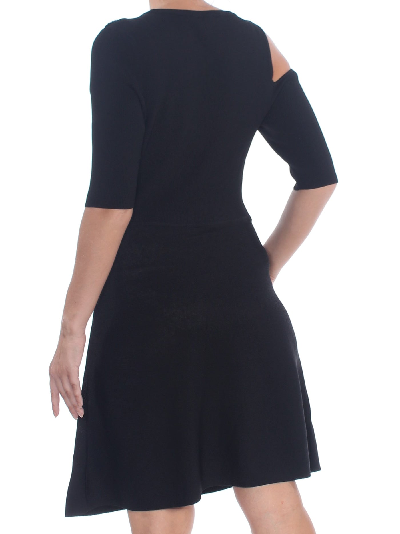 BAR III Womens Black Cutout Knit Short Sleeve Crew Neck Knee Length Cocktail A-Line Dress