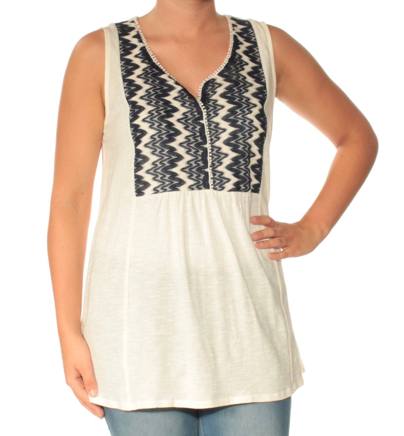 VINCE CAMUTO Womens Ivory Lace Sleeveless V Neck Top
