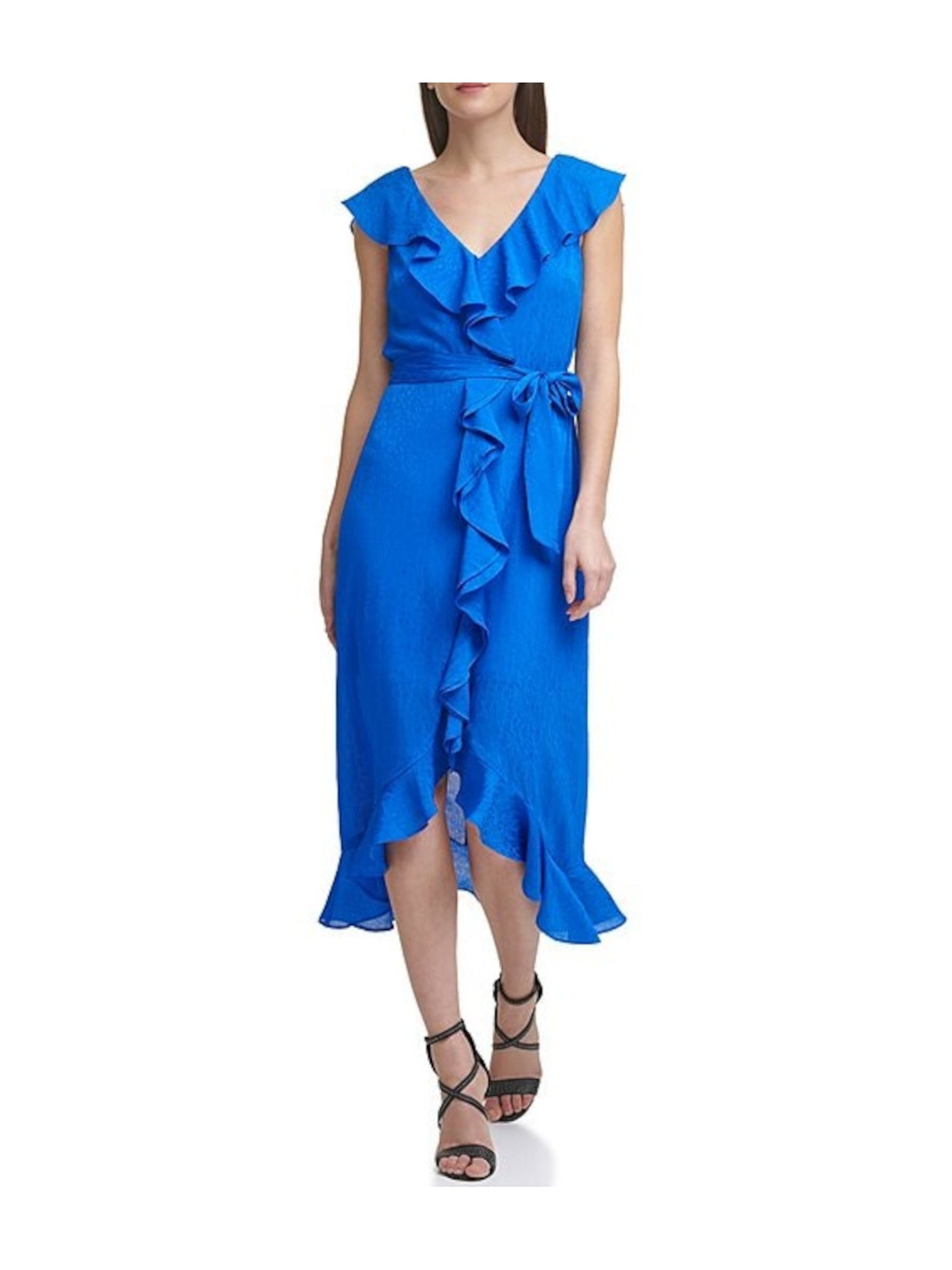 DKNY Womens Blue Ruffled Zippered Self Tie Belt Lined Sleeveless V Neck Midi Wear To Work Hi-Lo Dress 16