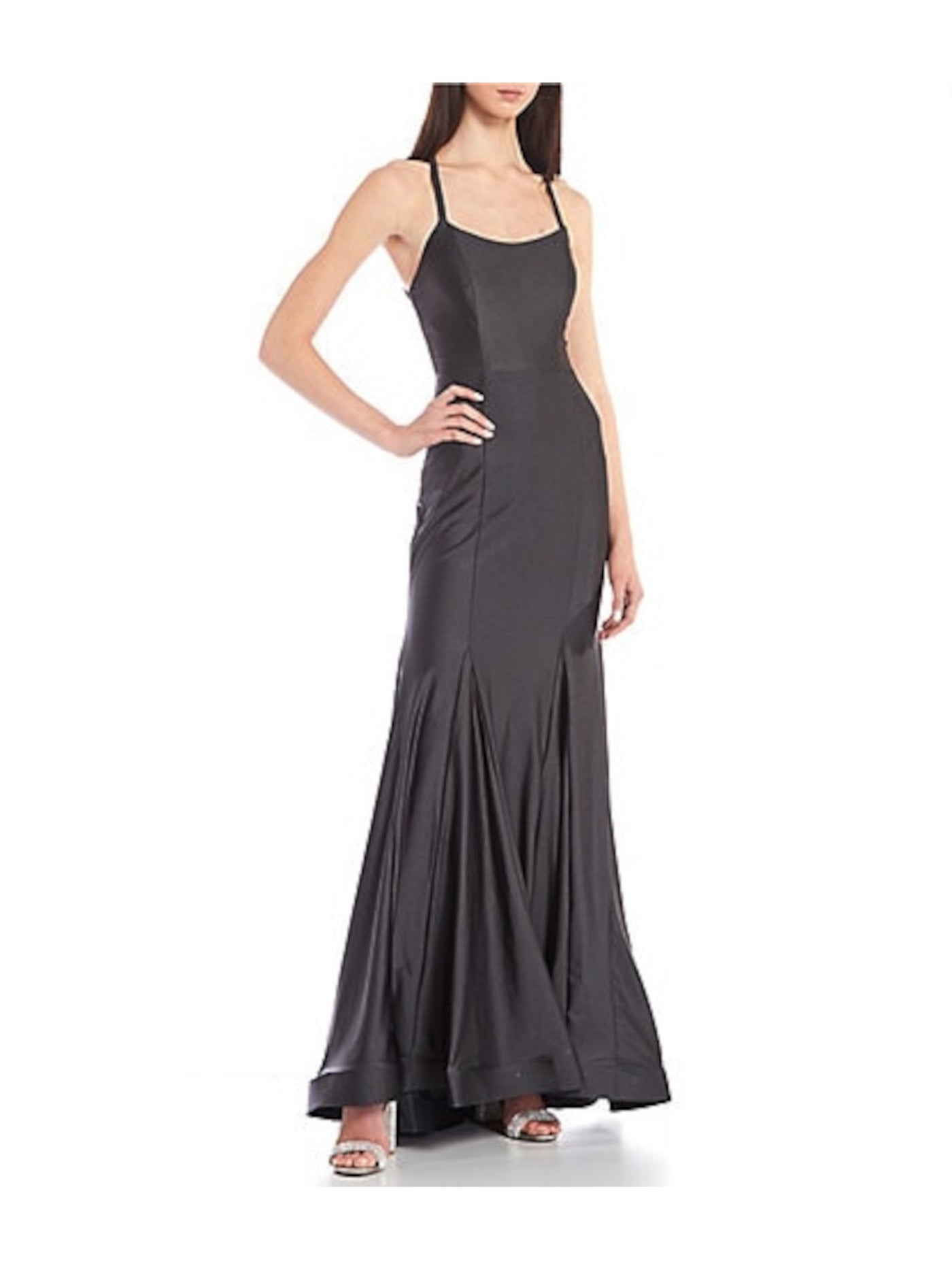 BLONDIE Womens Gray Stretch Zippered Illusion Panel Cutout Back Lined Sleeveless Scoop Neck Full-Length Formal Gown Dress Juniors 7