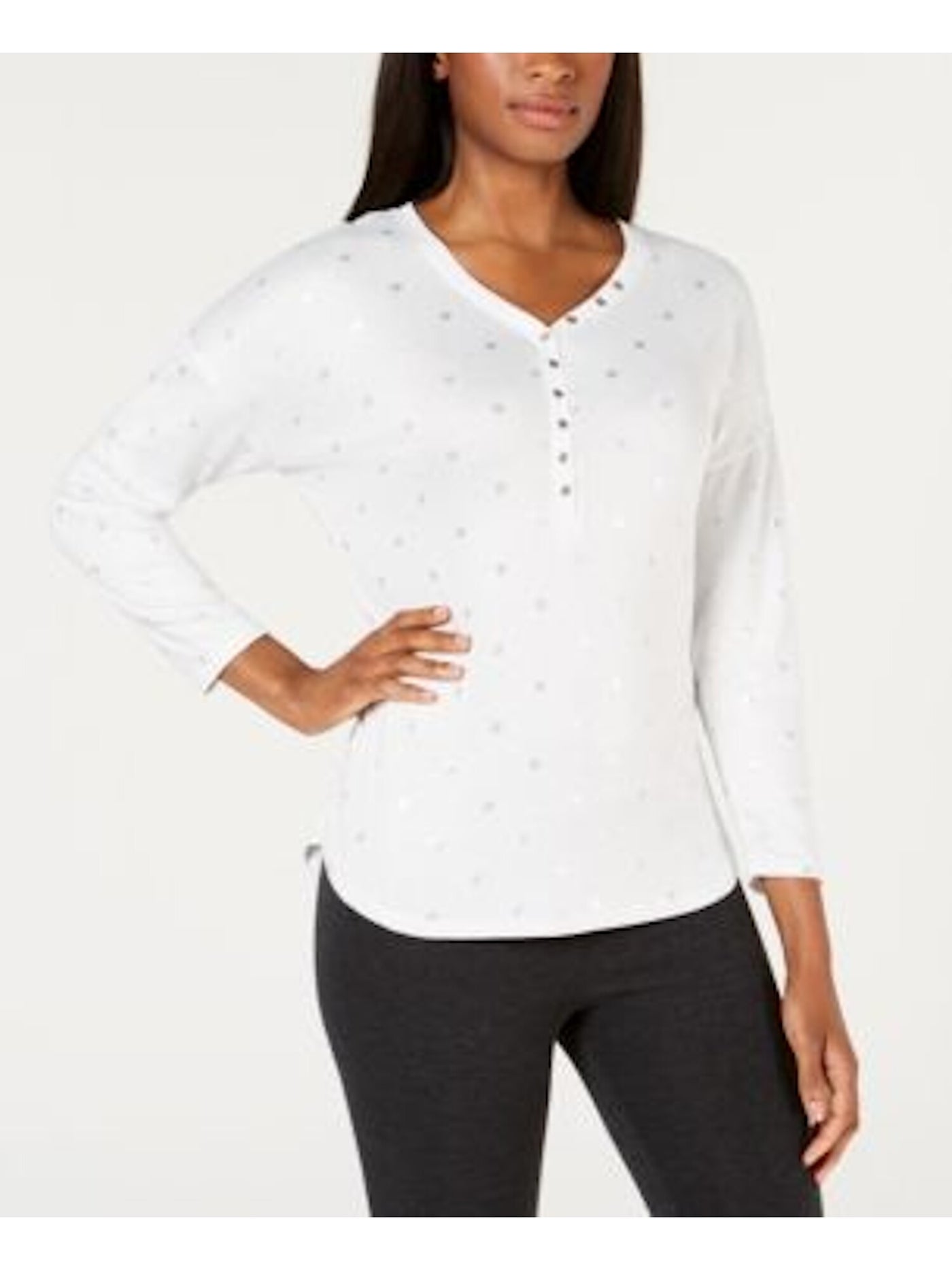 ANDE Womens Gray Polka Dot Long Sleeve With buttons Top S