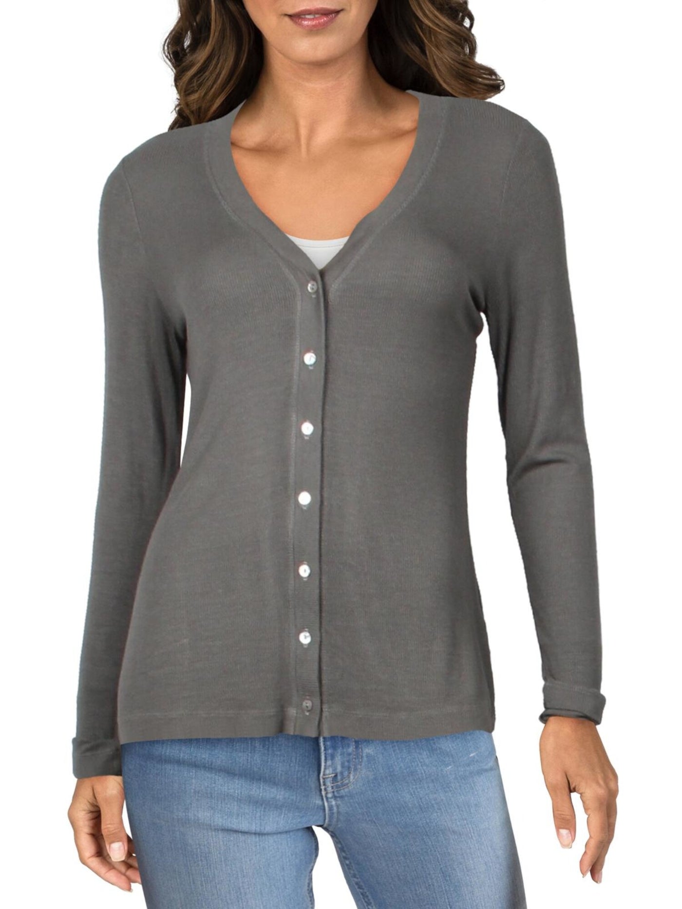 DOLAN Womens Gray Stretch Ribbed Cardigan Long Sleeve V Neck Button Up Sweater S