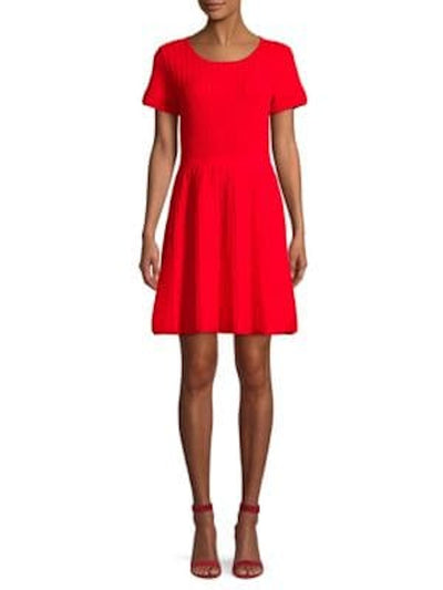 PARKER Womens Red Short Sleeve Crew Neck Short Fit + Flare Dress S