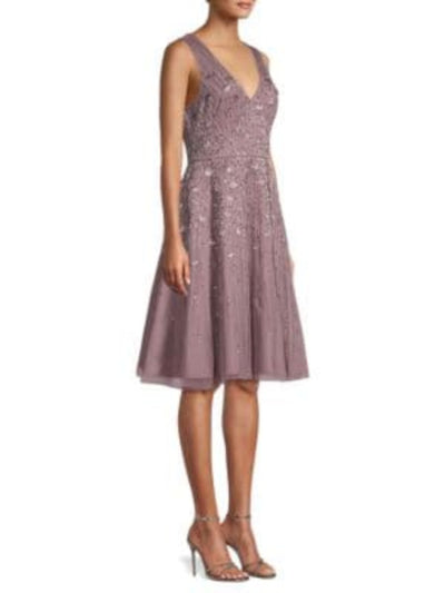 AIDAN MATTOX Womens Purple Embellished Sequined Sleeveless V Neck Knee Length Cocktail Fit + Flare Dress 12