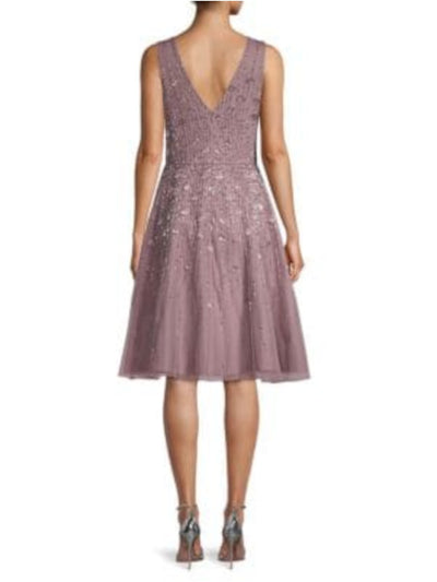 AIDAN MATTOX Womens Purple Embellished Sequined Sleeveless V Neck Knee Length Cocktail Fit + Flare Dress 2