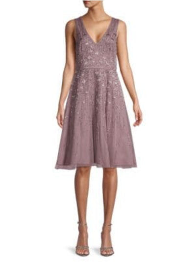 AIDAN MATTOX Womens Purple Embellished Sequined Sleeveless V Neck Knee Length Cocktail Fit + Flare Dress 12
